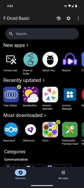 A screenshot of the start screen of F-Droid 2.0

The app can be installed and supports screenreaders.