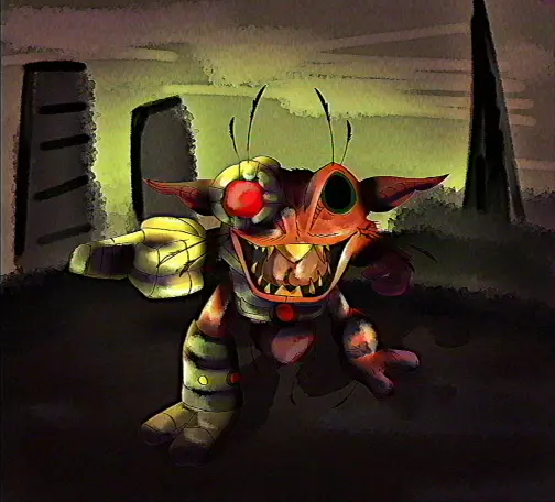 A small, fluffy, red cybernetic creature points at the camera. the background depicts a destroyed city.