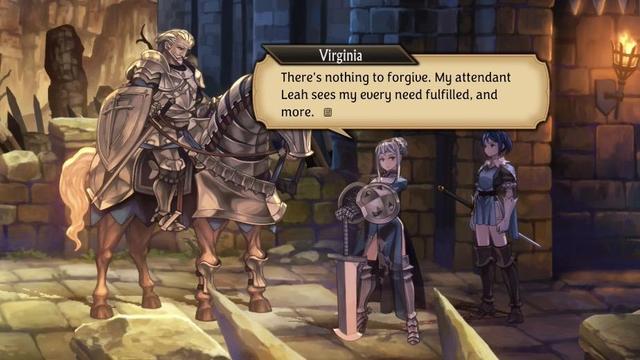 Unicorn Overlord screenshot of Virginia looking over her shoulder toward Leah standing behind her saying “There's nothing to forgive. My attendant Leah sees my every need fulfilled, and more.” Josef sits astride his horse to the left looking toward both of them against a castle backdrop.