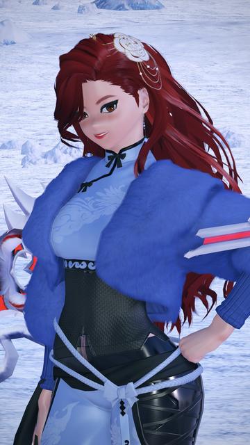 My type 2 human character Masumi, with brown eyes and red hair, smiles at the camera with her hand on her hip and a snowy Kvaris landscape behind her. She’s wearing a short blue coat over a light blue Chinese-style martial arts outfit with a black corset covering her midriff. She’s got her silver and red rifle strapped to her back.