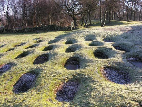 Defensive Roman pits, or lilia, protecting the Antonine Wall at Rough Castle near Falkirk. The image shows rows of oval pits stretching away from the viewer. These are placed on a grassy slope that descends from right to left across the view. The grass and pits are frosty in sunshine. There are trees in the background.