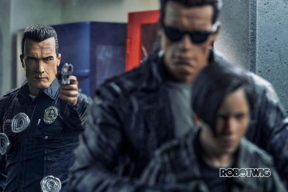 T1000 tries to shoot John Connor in a hallway but the Terminator shields him