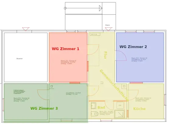 Grundriss Wohnung - blau, WG Zimmer 2 steht zur Vermietung