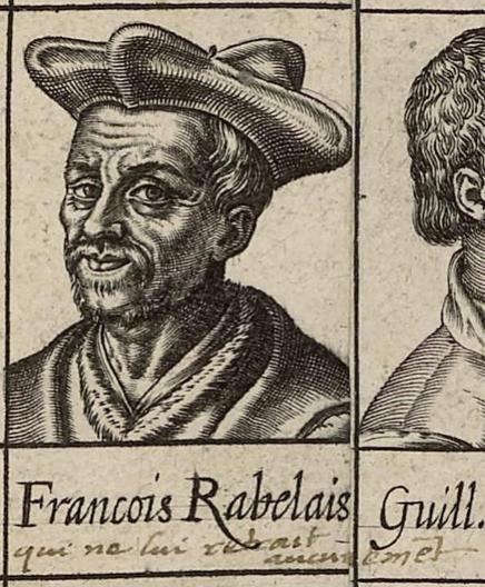 Portraits de François Rabelais, parmi de nombreux «&nbsp;hommes illustres&nbsp;». Il y a une mention manuscrite sous son nom, que je ne déchiffre pas «&nbsp;qui ne lui re…ait aucunement&nbsp;» ? Si vous lisez mieux que moi, dites-moi.