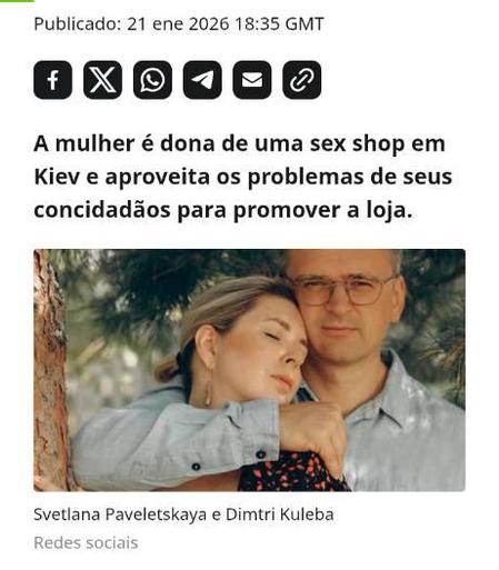 Vibradores | Svetlana Paveletskaya, Noiva do ex-chanceler ucraniano Dmitry Kuleba, sugere solução inusitada para falta de aquecimento na Ucrânia:

"Existem brinquedos sexuais com temperatura regulada, e atualmente estamos promovendo-os para noites frias porque aquecem até 38 graus Celsius. Se não houver aquecimento, você pode se cercar de vibradores e se manter aquecido".