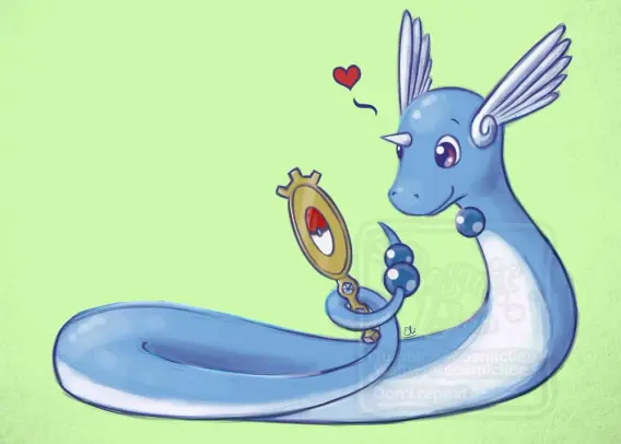 Digital fully rendered illustration of Calisto, a dragonair. He is holding a hand-held golden mirror with his tail and staring at his own reflection with adoration. The mirror has two diamonds in the handle and a classic red and white pokéball on the back. The background is light pastel green.