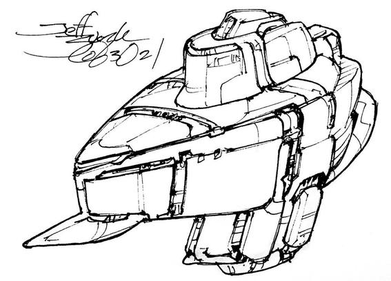 Black and white line art sketch of an imaginative sci fi spaceship. Each one is very different. A very chunky old-fashioned steam iron with a pointed ship ram at the bow on the left. Looking at it a different way, it could be a super-fat ST:TOS phaser 2?