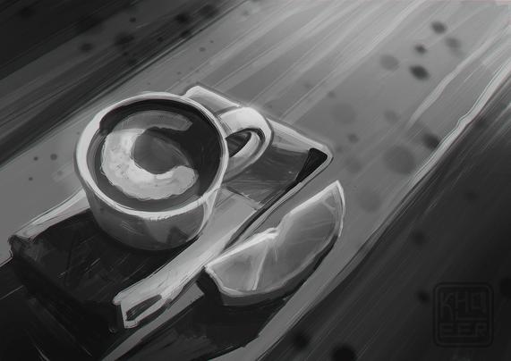 An grayscale image of coffee cup and orange slice. Coffe have "C" shaped foam on top, which is logo of Cara app