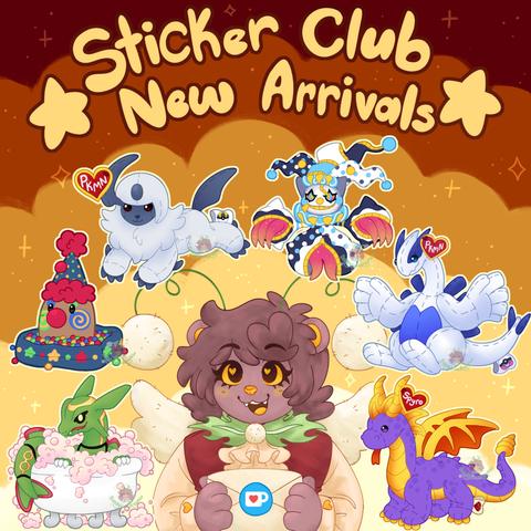 an digital drawing that says "Sticker club new arrivals"

featuring my fursona dandy holding a letter with the kofi logo on it and 6 stickers floating above  them

one sticker of beanie baby absol, spyro, and lugia

one sticker of clown diglett in the ballpit  and mega banette 

one sticker of rayquaza in the bathtub