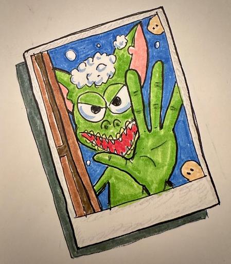Drawing of a Polaroid photo showing a tiny goblin shooing away someone who just took a picture of him in the shower.