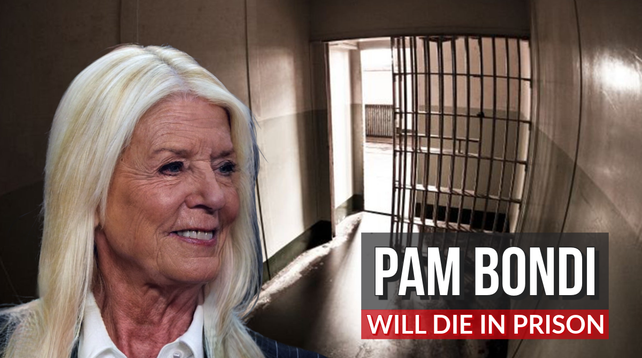 An aged Pam Bondi in a prison cell. Caption: PAM BONDI WILL DIE IN PRISON