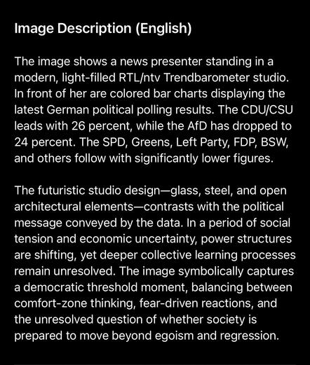 Image Description (English)
The image shows a news presenter standing in a modern, light-filled RTL/ntv Trendbarometer studio.
In front of her are colored bar charts displaying the latest German political polling results. The CDU/CSU leads with 26 percent, while the AfD has dropped to 24 percent. The SPD, Greens, Left Party, FDP, BSW, and others follow with significantly lower figures.
The futuristic studio design-glass, steel, and open architectural elements-contrasts with the political message conveyed by the data. In a period of social tension and economic uncertainty, power structures are shifting, yet deeper collective learning processes remain unresolved. The image symbolically captures a democratic threshold moment, balancing between comfort-zone thinking, fear-driven reactions, and the unresolved question of whether society is prepared to move beyond egoism and regression.🖖