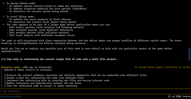 Screenshot from a terminal with Mistral's vibe cli running. The agent has analyzed an existing code base and is currently presenting todo:s on how it can be refactored according to the user's question.