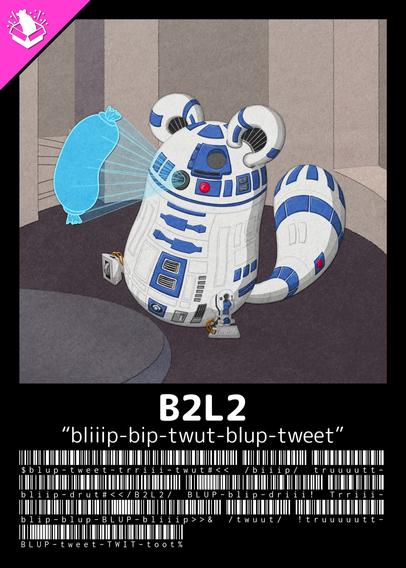 B2L2
"bliiip-bip-twut-blup-tweet"

$blup-tweet-trriii-twut#<< /biiip/ truuuutt-bliip-drut#<>& /twuut/ !truuuuutt-BLUP-tweet-TWIT-toot%

---

A Buli which looks like R2D2, doing a blue holographic projection of a sausage