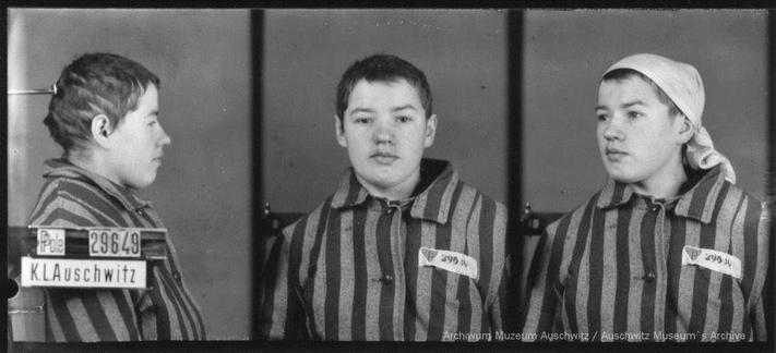 A mugshot registration photograph from Auschwitz. A woman wearing a striped uniform photographed in three positions (profile and front with a bare head and a photo with a slightly turned head with a headscarf on). The prisoner number is visible on a marking board on the left.