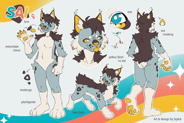 Digital reference sheet of an anthropomorphic lynx character shown as a full body from the front and back, as well as through a quadrupedal version, and in portrait form. The character has dark brown, light grey and tan white fur with some yellow markings and accents, as well as blue eyes.