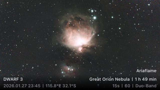 A photograph of the Great Orion Nebula (M42) taken by a Dwarf 3 digital telescope. It says it was doing so for 1 h 49 minutes.
