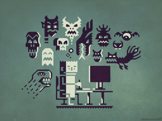 Graphic-style artwork, showing a character drawing on a tablet behind a computer monitor, while many different monsters surround his head.