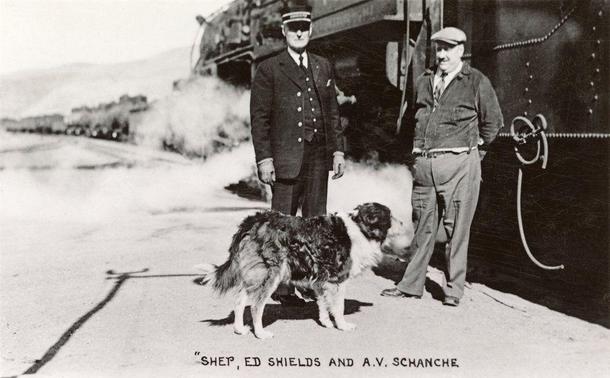 Ed Shields (left) and A. V. Schanche (right), standing with Shep, next to a train in Fort Benton, Montana. Photo Courtesy mtmemory.org