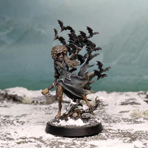 A vampire lady with deerlike legs and a fur hat. Her clothes are tattered and dirty. She holds an axe in one hand, and a flock of bats flutters behind her
