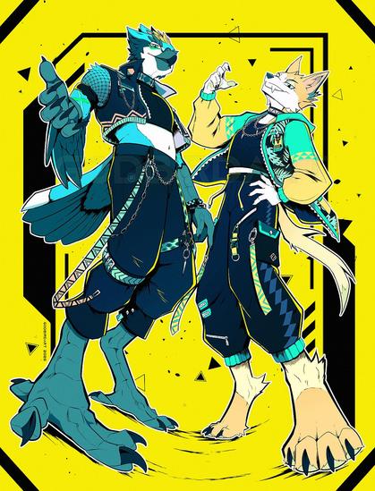 image is a digital portrait of two anthropomorphic characters: an avian character to the left, and a canine character to the right. Both are wearing techwear-style fashion, with patterned belts and accents decorating their attire. The pair appear to be striking a pose together at the viewer.
