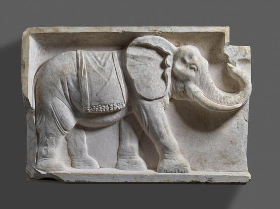 Description from The Getty: “Two rectangular architectural panels with plain moldings, each with the depiction of an elephant in relief. Both pieces are cut and chipped on their inner ends in such a way as to suggest that the elephants faced each other in an architectural setting. Small rectangular cut-away areas appear above the end of the trunk of each elephant. They stride across the panels with their trunks curled in a salute and with fringed ceremonial blankets on their backs. Incised crosshatching is used to convey the roughness of the hide. Unknown artist/maker (Roman); Pair of Architectural Reliefs with Elephants, A.D. 80–100; Italian marble; The J. Paul Getty Museum, Villa Collection, Malibu, California, 71.AA.463.”