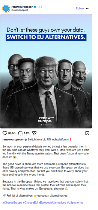 Screenshot of Renew's Instagram campaign "Don't let these guys own your data. Switch to EU alternatives." Under the headline it shows the faces of Elon Musk, Donald Trump and some US tech billionaires in black and white with threateningly glowing eyes.