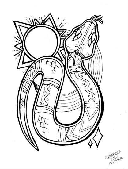 Black and white ballpoint pen illustration of a stylized snake seen from above, with a geometric pattern decorating its body.