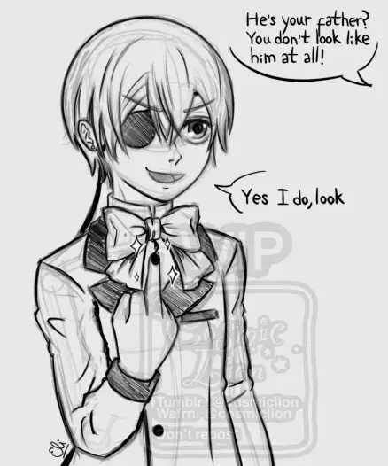 Digital greyscale sketch of Our Ciel Phantomhive from Black Butler, drawn from the waist up. It is set in a canon divergent AU. He is wearing his usual outfit with the bowtie. Someone out of frame says "He's your father? You don't look like him at all!" Ciel gives them the middle finger, showing that his nails are painted black, and says "Yes I do, look" with a smug smile. The background is light grey.