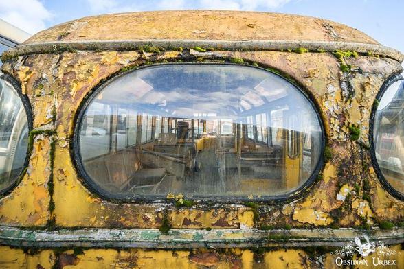 An old, yellow bus is viewed through a large, oval rear window, showing peeling paint and moss.