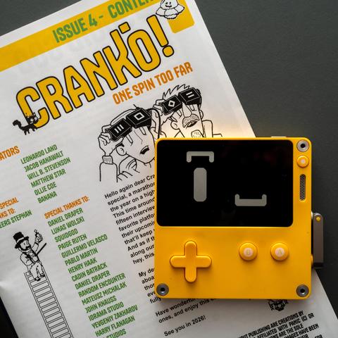 imprint of «Cranko!»; on top of the page there is a yellow PlayDate handheld, on screen are two eyes, only one of them is open