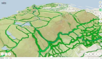 3D map showing hiking trails around Table Mountain, with elevation contours and marked points of interest near Cape Town.