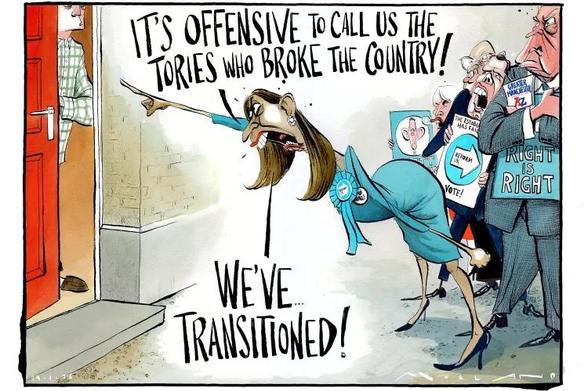 Cartoon Braverman shouts at a door, ‘it’s offensive to call us Tories who broke the country, we’ve transitioned’ behind a Reform mob