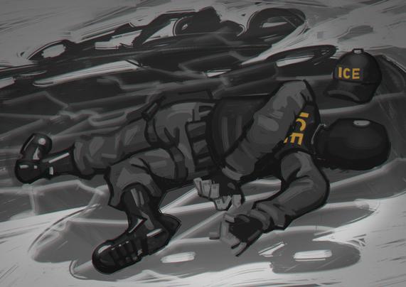 An ICE agent lying on the ice in Peter Gryffin pose.