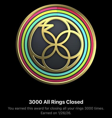 Screenshot of the digital 3,000 All Rings Closed medal with 3,000 in the middle surrounded by 3 concentric rings of red, green, and blue.