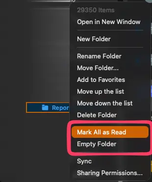 A right-click menu showing two choices next to each other: "Mark All as Read" and "Empty Folder"