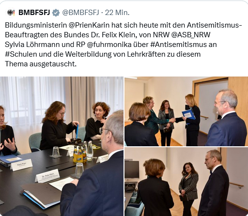 Das Bildschirmfoto zeigt des Post des BMBFSFJ mit Bildern vom Gespräch von Bundesministerin Prien, Dr. Felix Klein, Monika Fuhr und ASB_NRW Sylvia Löhrmann heute beim Gespräch in Berlin
