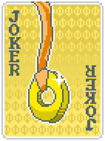 balatro card art: the fake coin from cloverpit being hung over the edge of the frame