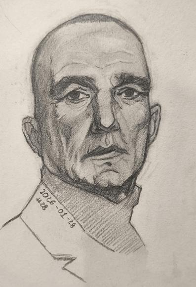 Graphite portrait sketch of a bald man with a serious, tired expression, looking slightly to the side. Strong shadows define the cheekbones, nose, and jaw, with a dark turtleneck and a jacket collar.