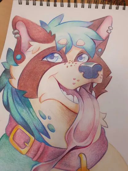 Colored pencil drawing of a furry dog with tongue sticking out