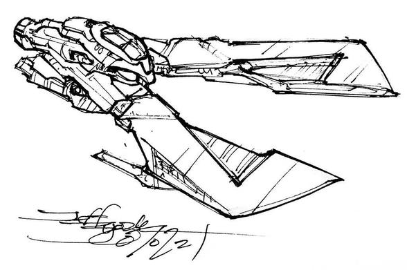 Black and white line art sketch of an imaginative sci fi spaceship. Each one is very different. A giant pair of garden shears turned into a space fighter. Very aggressive!
