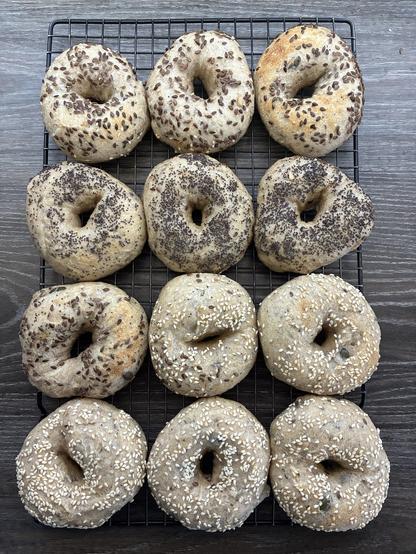 Bagels with a variety of seeds for the topping.