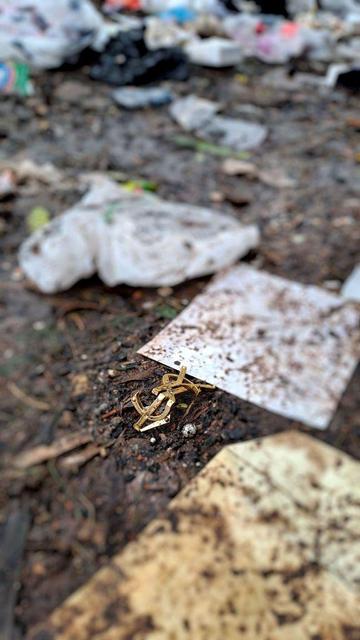 A close-up of the ground near a community dumpster, showing a discarded gold-colored Yves Saint Laurent designer logo lying in the dirt. Surrounding the object are scattered trash, including plastic bags and cardboard, and other debris.