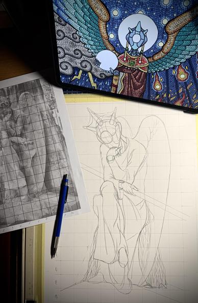 Photo of an artist's workspace. It includes a pencil sketch of a figure with wings and a staff, laid out on a grid paper. A reference photo of a statue, also gridded, lies above it. A mosaic like illustration in colour is shown on an iPad screen at a side.