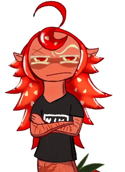 A drawing of Chili Pepper Cookie, who is a sapient gingerbread cookie. She is looking at the camera with an annoyed expression, arms crossed. She has small ears that are pinned to the side and slightly backwards. She has red hair, meant to resemble some sort of jelly or sauce, that is worn down. She's wearing a nine inch nails shirt.