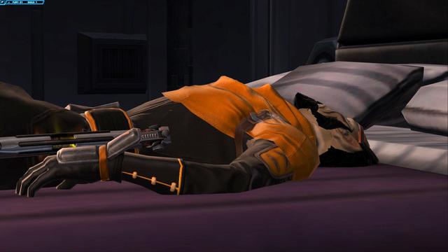 A screenshot from SWTOR, a rare one of me playing a male Cathar. Not that you can tell as he's asleep, on his back, with his head facing away from the camera.