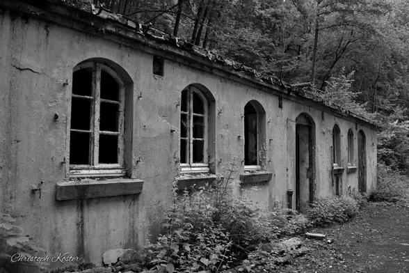 A black-and-white photograph of an abandoned, dilapidated building situated in a wooded area. The building features a row of arched windows, some of which are boarded up or broken, with signs of decay and damage visible on the walls and window frames. Overgrowth of plants and weeds is evident at the base of the structure, adding to the sense of neglect. The surrounding forest is dense, with trees and foliage encroaching on the building, creating an eerie and mysterious atmosphere. The scene evokes a sense of abandonment and the passage of time.