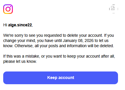 Screenshot der Bestätigung zur Löschung eines Instagramaccounts