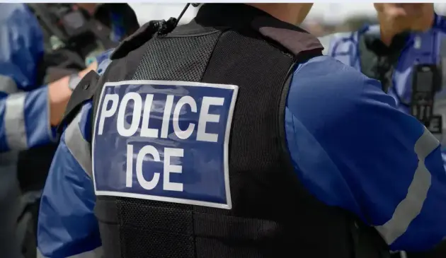 Photograph of a uniformed man displaying the words Police ICE on the back ot the security jacket by Adobestock