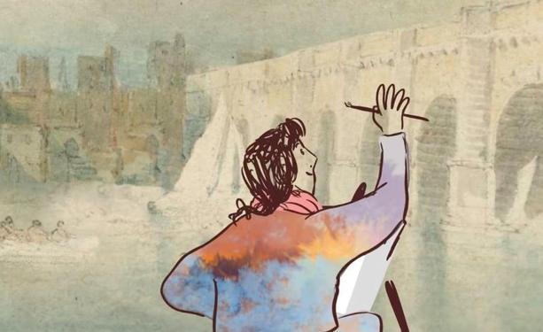 An animated illustration shows a painter from behind, wearing a coat filled with a colorful sunset-like pattern, as they hold a paintbrush up toward a background of a stone bridge and pale historic buildings.